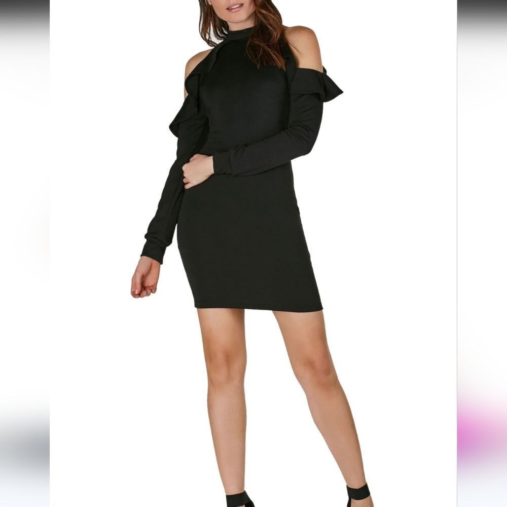 Ruffle Cold Shoulder Mini Dress Black Size Medium